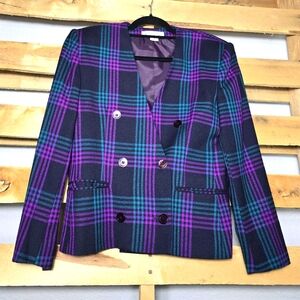 Jones New York Plaid Double-Breasted Jacket Size:12 Purple/Teal